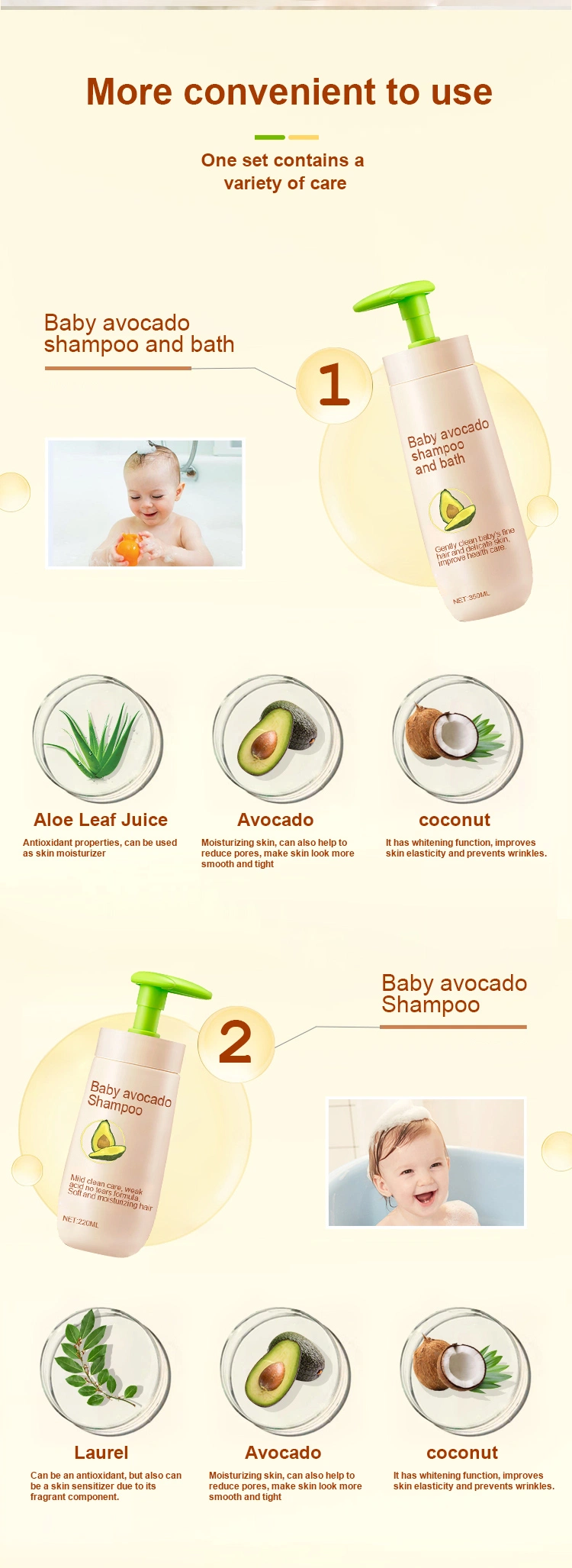 100% Natural Avocado Oil/ Body Wash/ Shampoo/ Cream Baby Skin Care Set