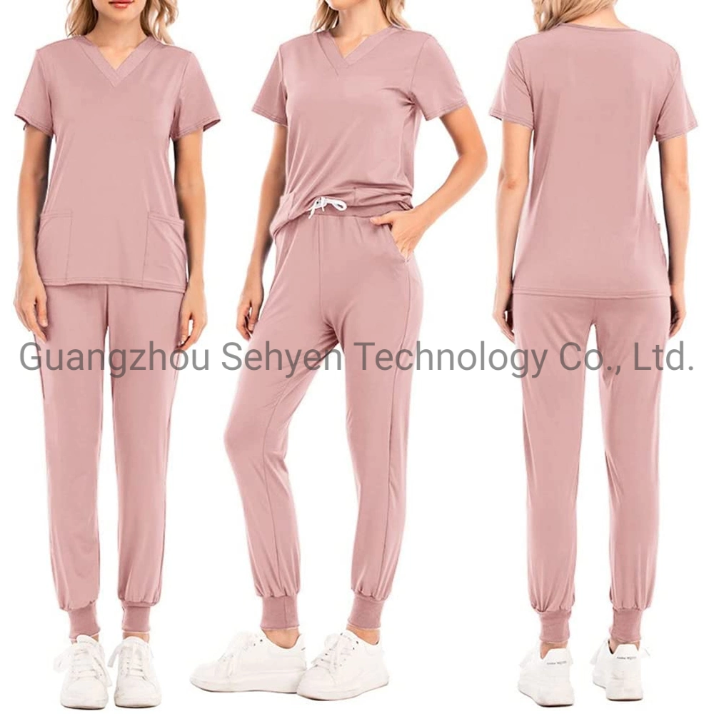 Scrubs for Women Joggers V-Neck Pocket Top Uniforms Athletic Stretch Set Workwear Drawstring Threaded Pant Legs Uniform Set