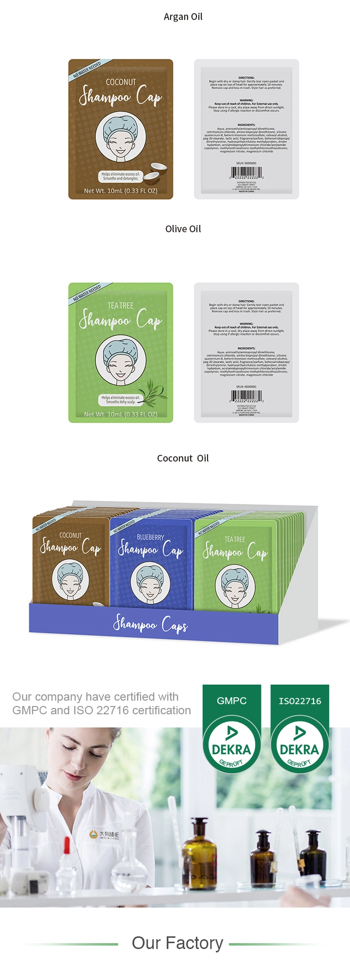 Hot Selling Coconut/ Tea Tree / Blueberry Leave-in Shampoo Cap